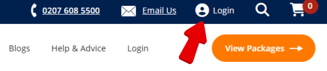 An arrow pointing to the log in button on our homepage.